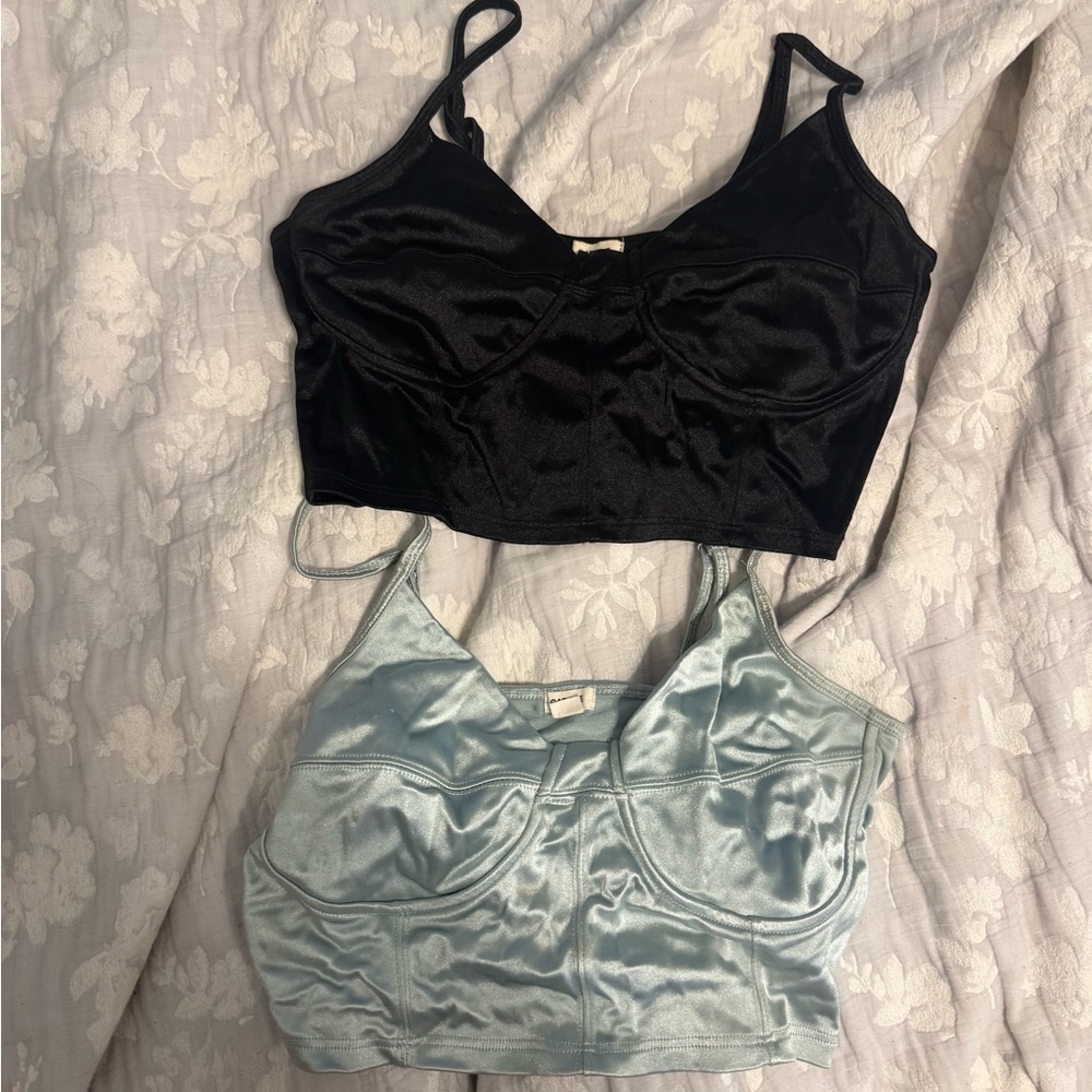 Garage Black and Light Blue Satin Crop Tops